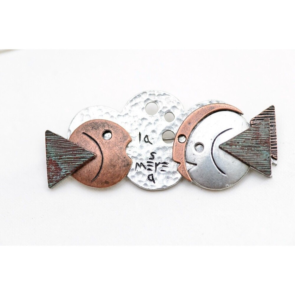 Vintage Liz Claiborne school of Fish Signed LCI Pewter Copper Teacher 3"